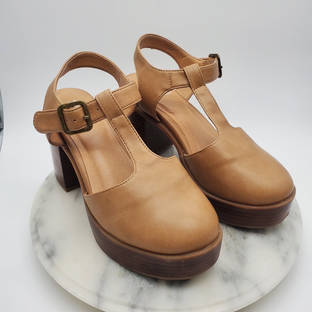 Yellow Box Lubbock Mary Jane Platform Clogs Tan Nude Chunky Block Heels Size 7